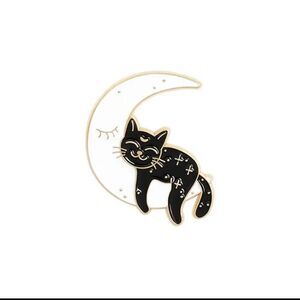 BLACK cat sleeping on crescent moon enamel pin